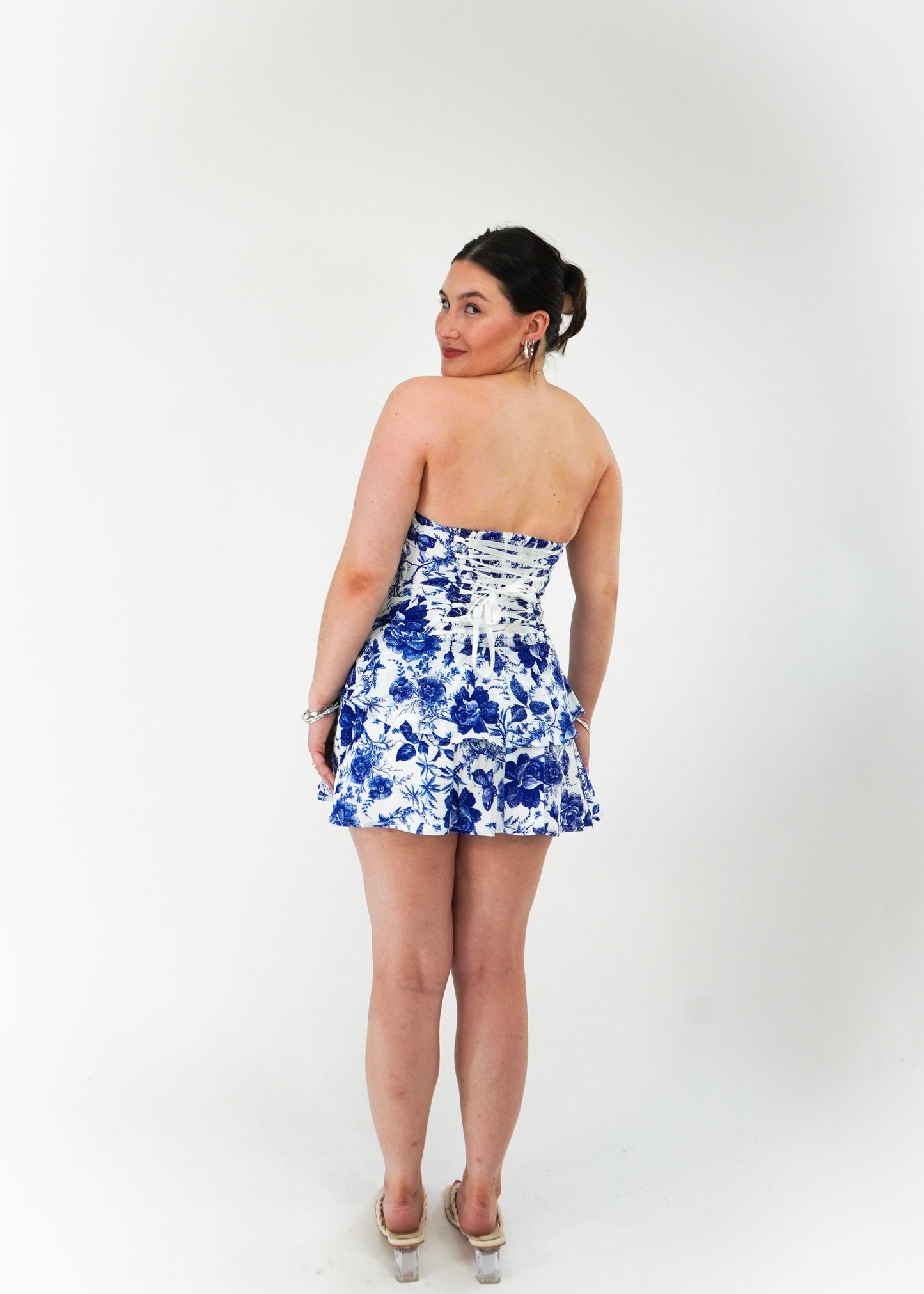 Strapless mini corset dress Blue and White floral