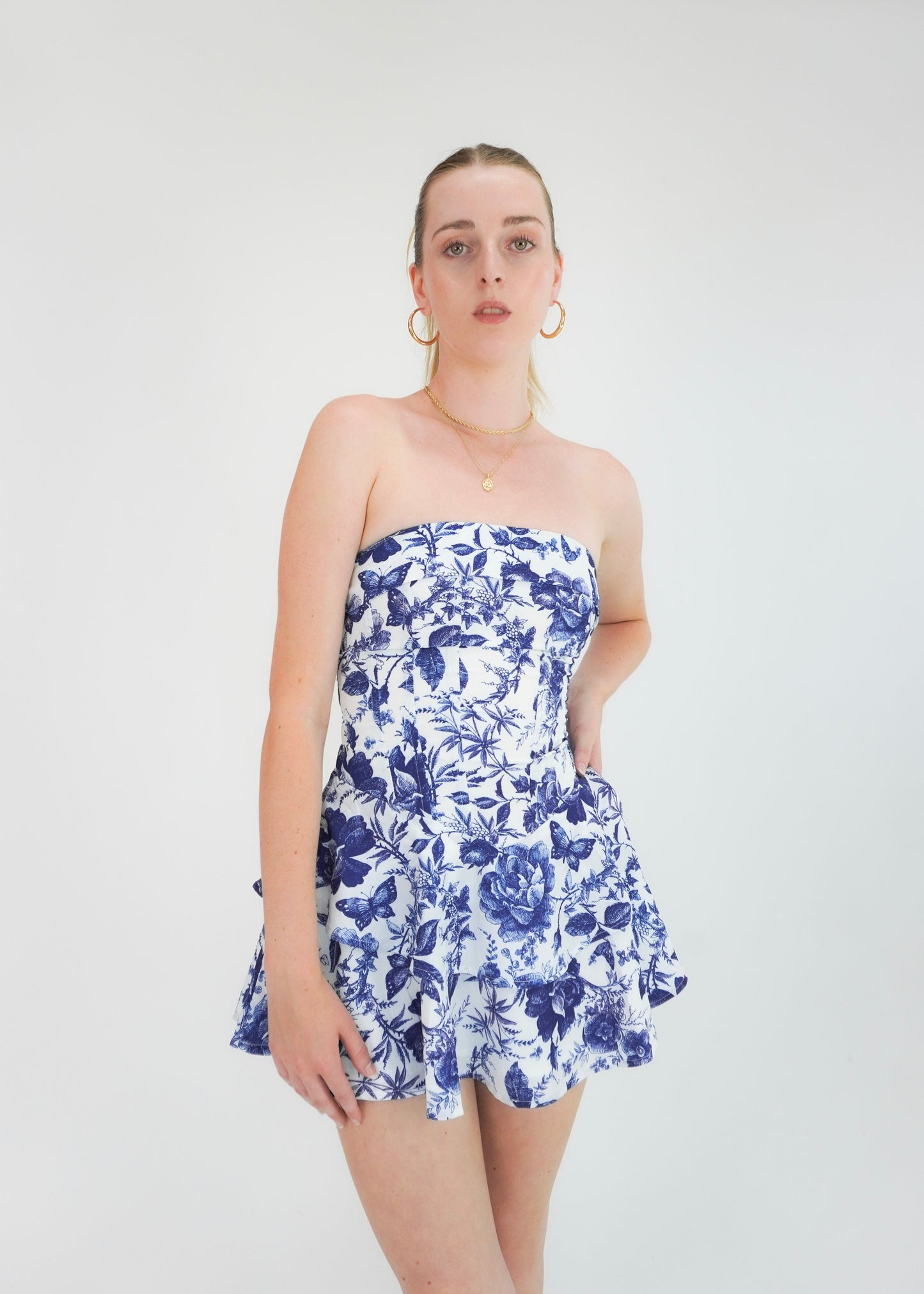 Strapless mini corset dress Blue and White floral