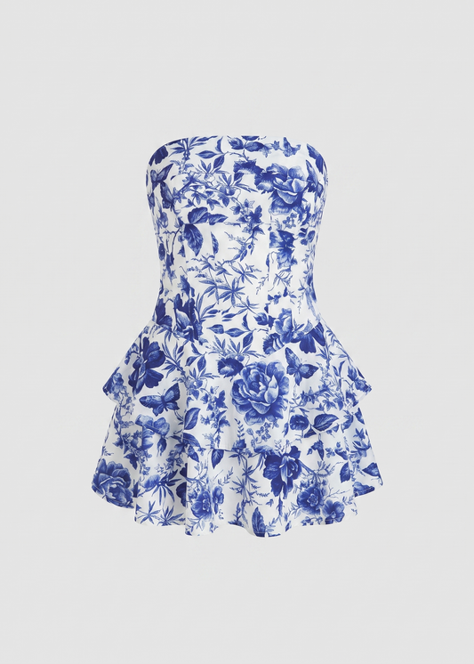 Strapless mini corset dress Blue and White floral