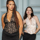 corset halter top, lace, black and white, adjustable back, flexible sizing